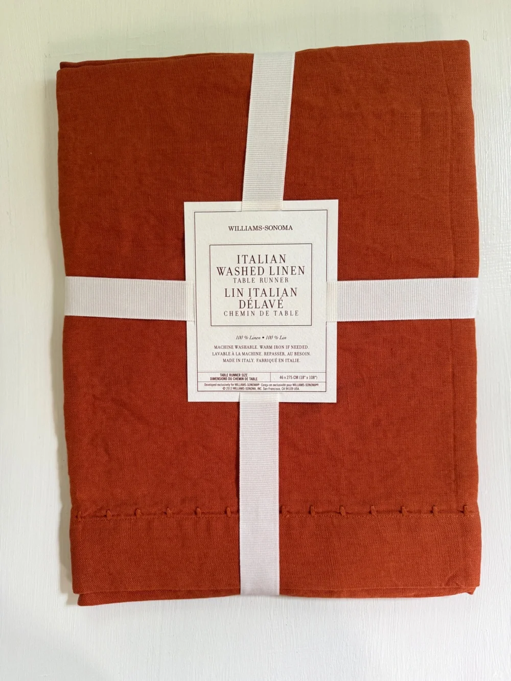 NWT Williams Sonoma Italian Washed Linen Table Runner Pumpkin Orange 18 x 108